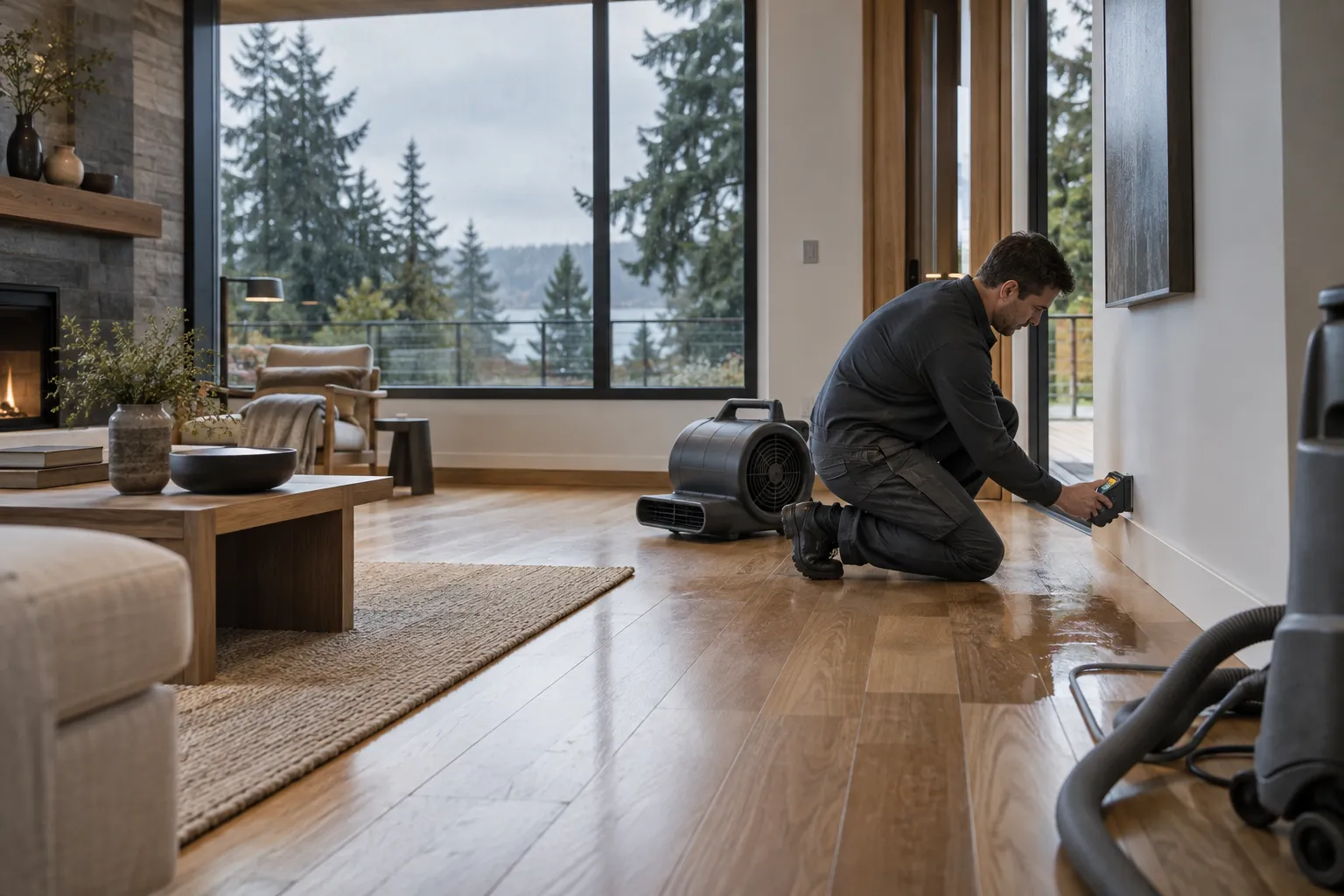 Illustrative restoration scene: moisture assessment and drying equipment in a home.